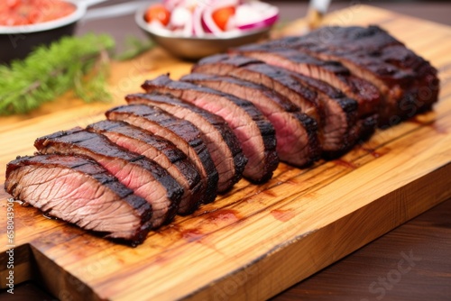 slices of bbq brisket presented on a board, suggestive of a feast