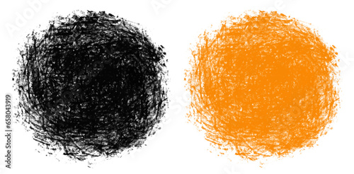 Set of 2 Hand Drawn Brush Circles. Freehand Brush Dots. Black and Orange Strokes Stains of Round Shape on a White Background. Abstract Elements. Simple Vector Rough Brush Strokes. RGB Colors.