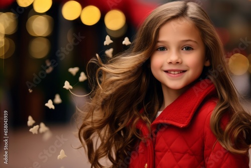childhood, fashion and people concept - smiling little girl in red coat over night lights background