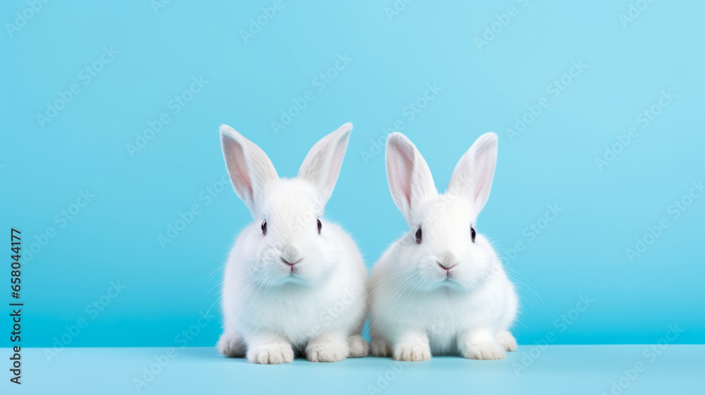 Generative AI two small white rabbits on a blue minimalistic studio background. Charming pet rodent. Front view portrait. Easter bunny concept.