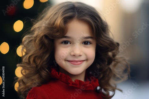 Portrait of a cute little girl with curly hair on Christmas background