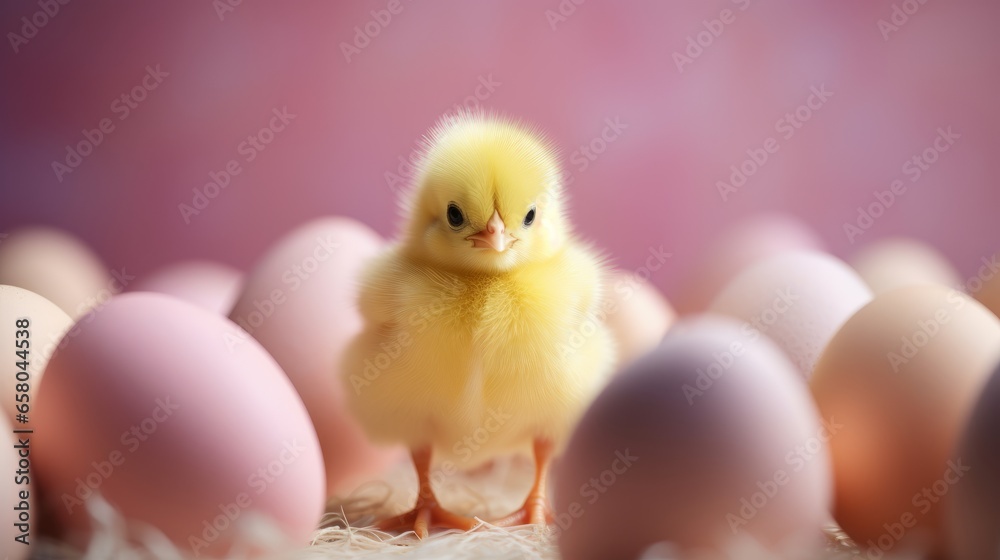 Generative AI Easter concept. A charming little yellow chicken among Easter eggs. A greeting card. Pink background