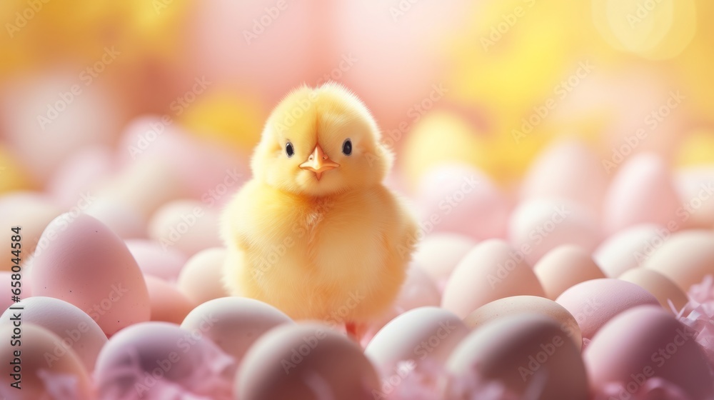 Generative AI Easter concept. A charming little yellow chicken among Easter eggs. A greeting card. Pink background