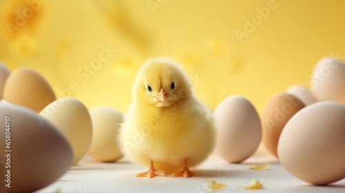 Generative AI Easter concept. A charming little yellow chicken among Easter eggs. A greeting card. Yellow background.