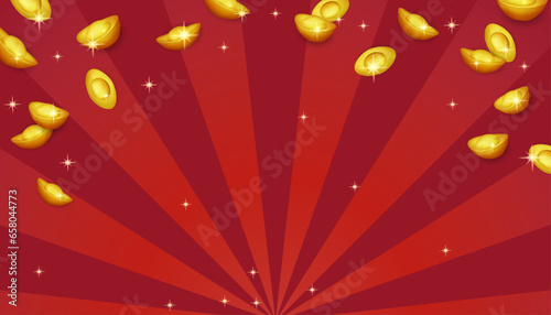 Scattered gold ingots on a red radiant background