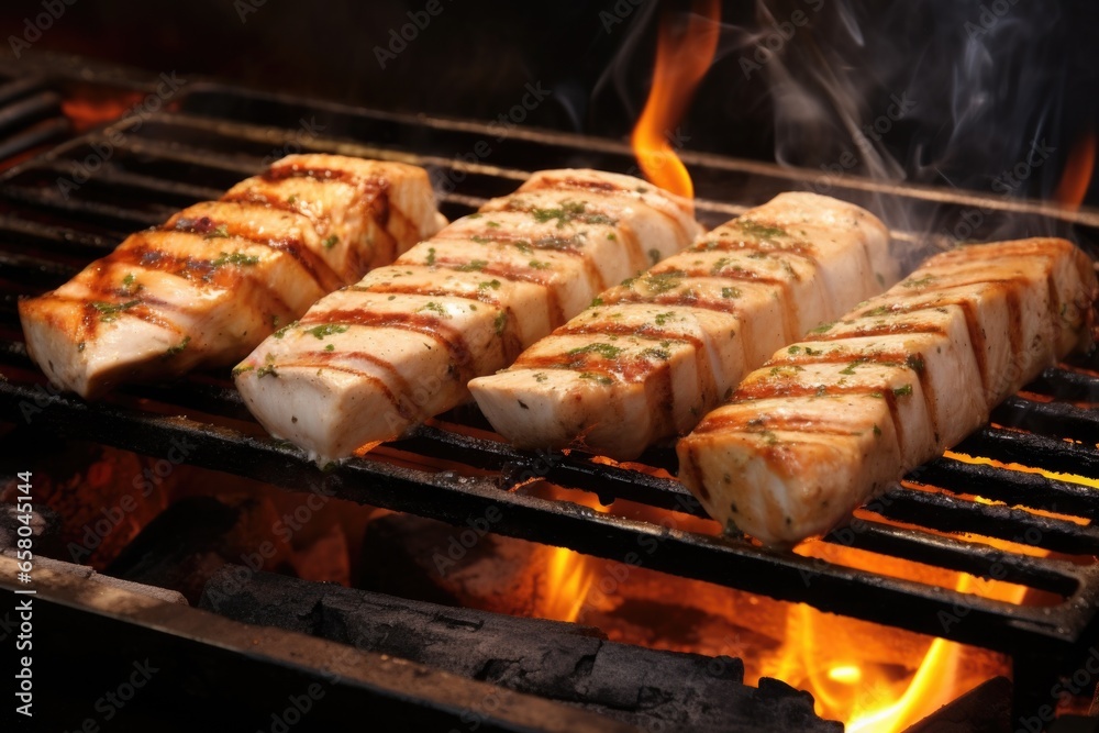 a sizzling hot grill filled with chunks of swordfish