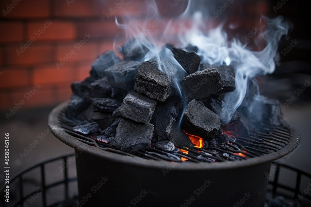 charcoals lit in a chimney starter placed on a brick surface Stock