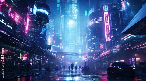 A Cyberpunk Metropolis Under a Neon-Lit Downpour Crowd
