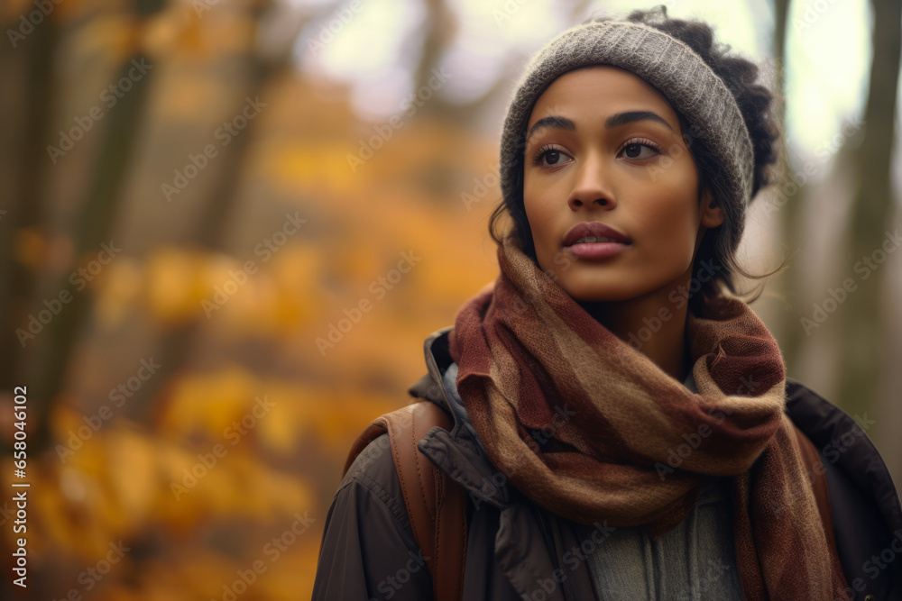 Multiethnic woman enjoying autumn in the woods Multiethnic woman enjoying autumn in the woods