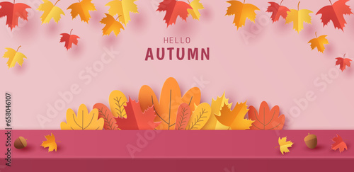Paper cut of empty studio product display with autumn landscape for products display presentation. Vector illustration