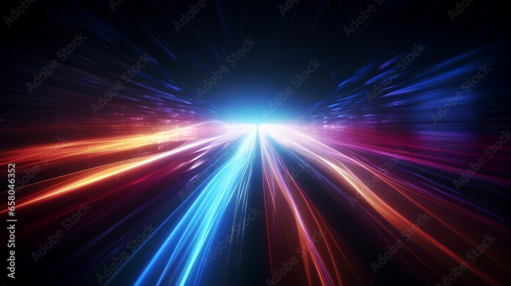 Data speed lines on a dark background, representing the concept of optical cables and high internet speed. Lines of light symbolizing the flow of information.