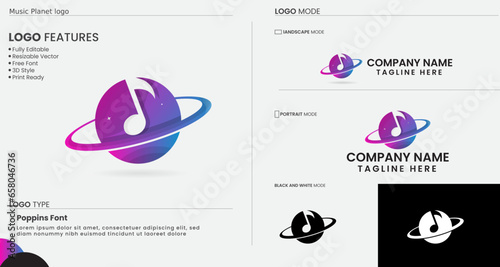Music planet logo design. Planet music logo. Song. Music player. Sound. Premium template. Planet. Space. Astro. Colorful. Play. Star.