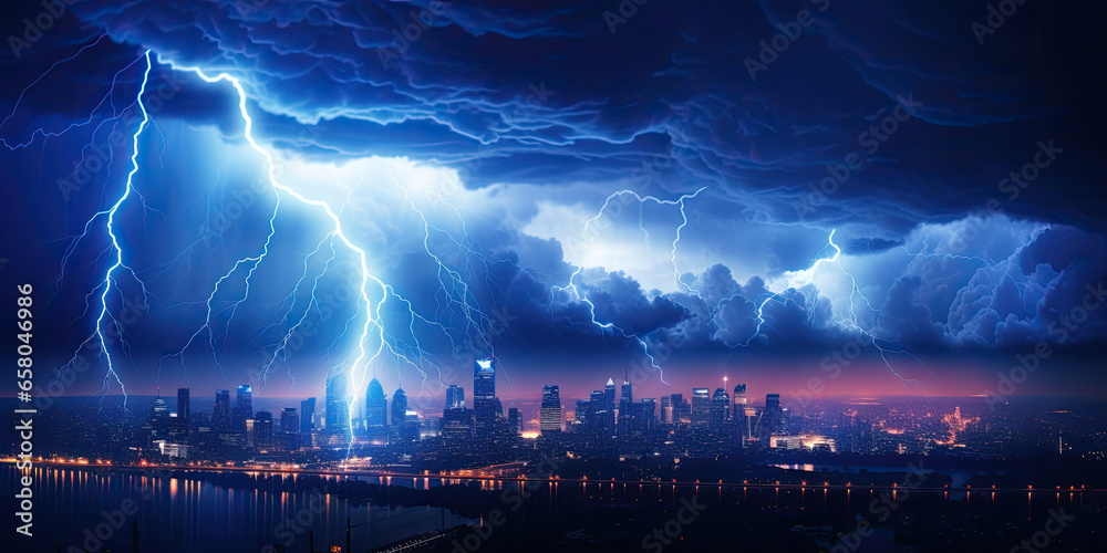 Fototapeta premium Lightning storm over city in blue light