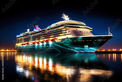 A huge cruise line travels across the sea. Sea travel vacation. Seascape overlooking a cruise liner. Passenger liner enters the port. Tourist travel in the ocean.