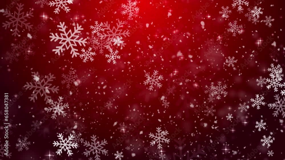 Red Christmas Snowfall Background. Red Christmas Snowflakes Background. Red Winter Christmas Background. Seamless Loop