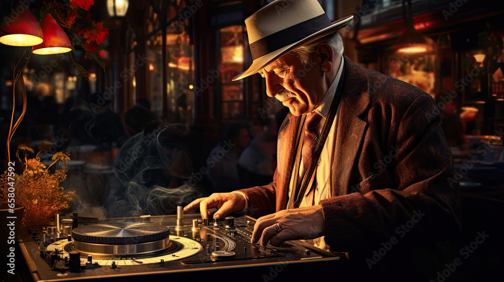 Mature man playing music on a turntable against a pub lighting