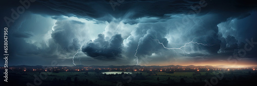 Panorama Dark cloud at night with thunder bolt. Heavy storm bringing thunder, lightnings and rain in summer. photo