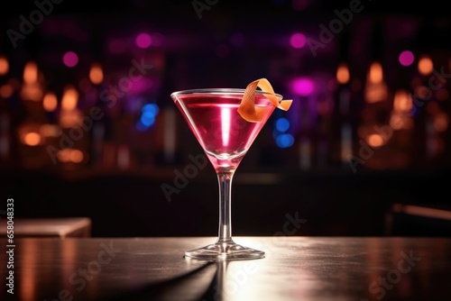 glowing cosmopolitan cocktail under a spotlight on a bar counter