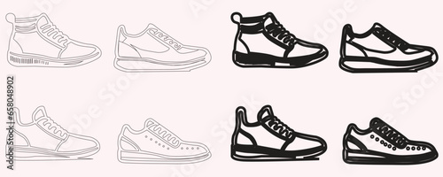 Shoes icon collection. High heels sandal, boots, hiking footwear, trainers, and other things. A set of minimalist flat outline vector drawings on a white background