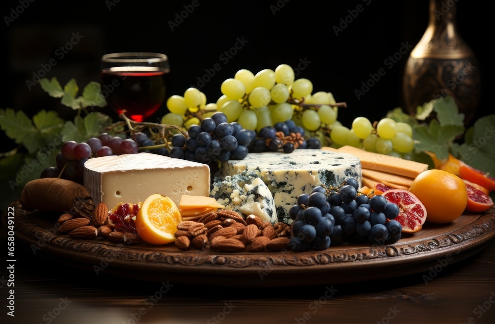 Cheeses mix set dor blu chedar camamber brie, grapes and snacks.