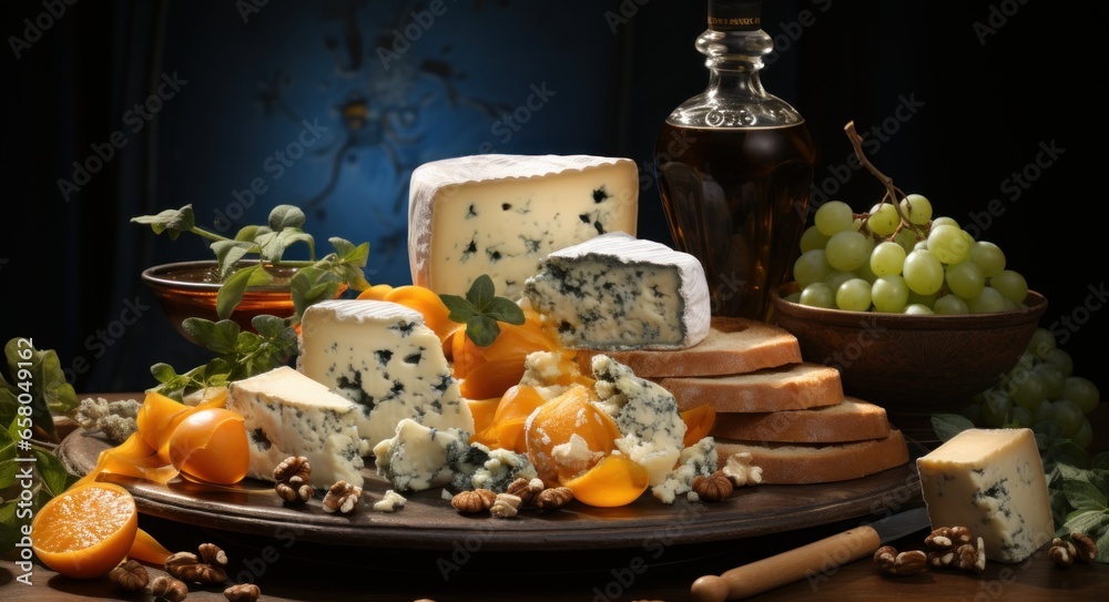 Cheese board - various types of cheese composition with  grapes and snacks.