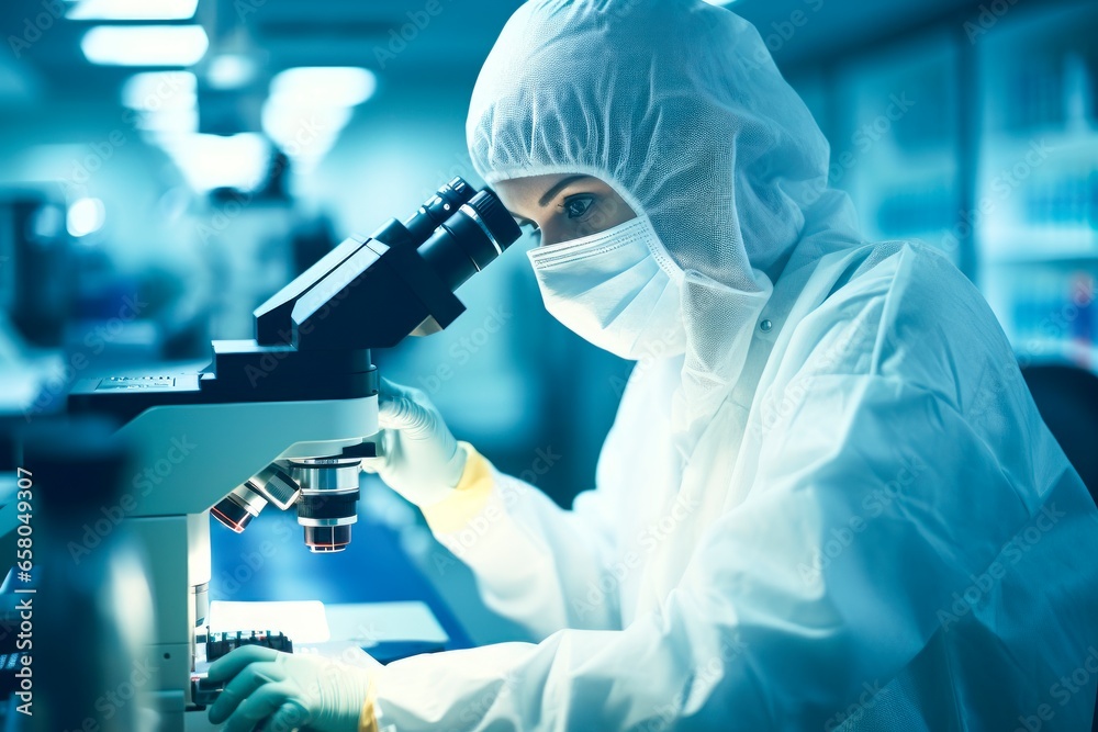 A laboratory technician examines a biological sample under a microscope. Biology and chemistry lab concept. A laboratory technician examines a biological sample under a microscope. Biology and chemistry lab concept.