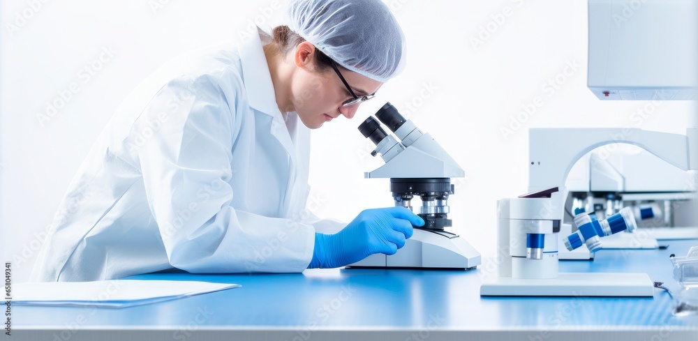 A laboratory technician examines a biological sample under a microscope. Biology and chemistry lab concept. A laboratory technician examines a biological sample under a microscope. Biology and chemistry lab concept.