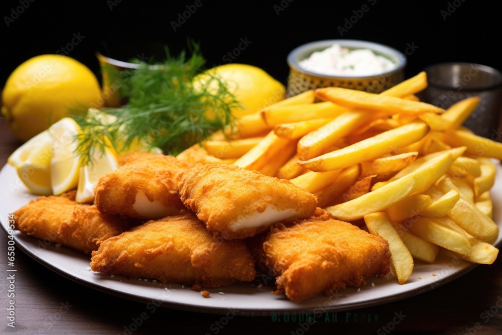 close-up image of golden crispy fish and chips on a plate close-up image of golden crispy fish and chips on a plate
