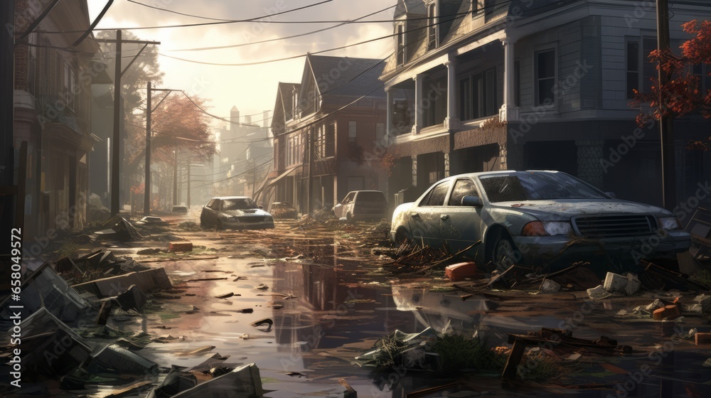 Generative AI Flood Insurance concept image. Impact of climate change. Dirty cars with broken windows in the middle of the city streets. Consequences after heavy rainfall flooding.