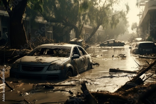 Generative AI Flood Insurance concept image. Impact of climate change. Dirty cars with broken windows in the middle of the city streets. Consequences after heavy rainfall flooding.