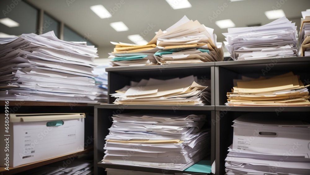 Piles of paperwork and folders in office room.
Piles of paperwork and folders in office room.
