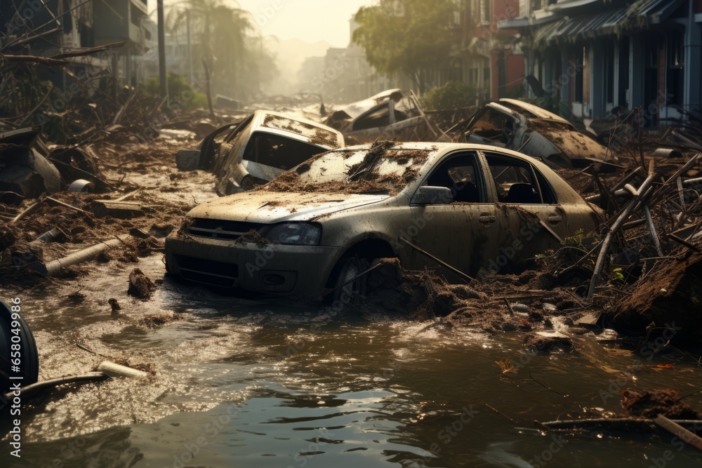 Fototapeta premium Generative AI Flood Insurance concept image. Impact of climate change. Dirty cars with broken windows in the middle of the city streets. Consequences after heavy rainfall flooding.