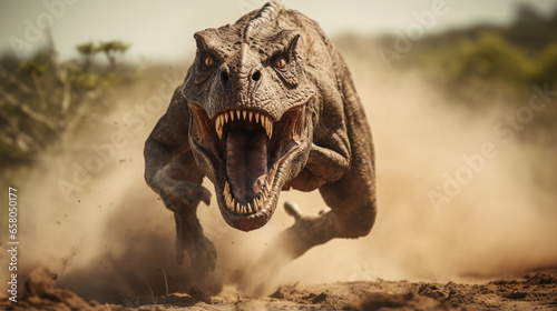 a t rex is walking into the field, in the style of photo illustration © alex