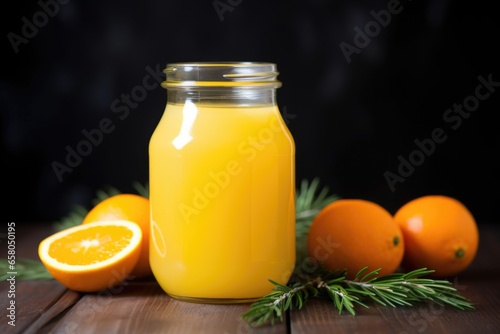 orange juice inside a glass jar on a table