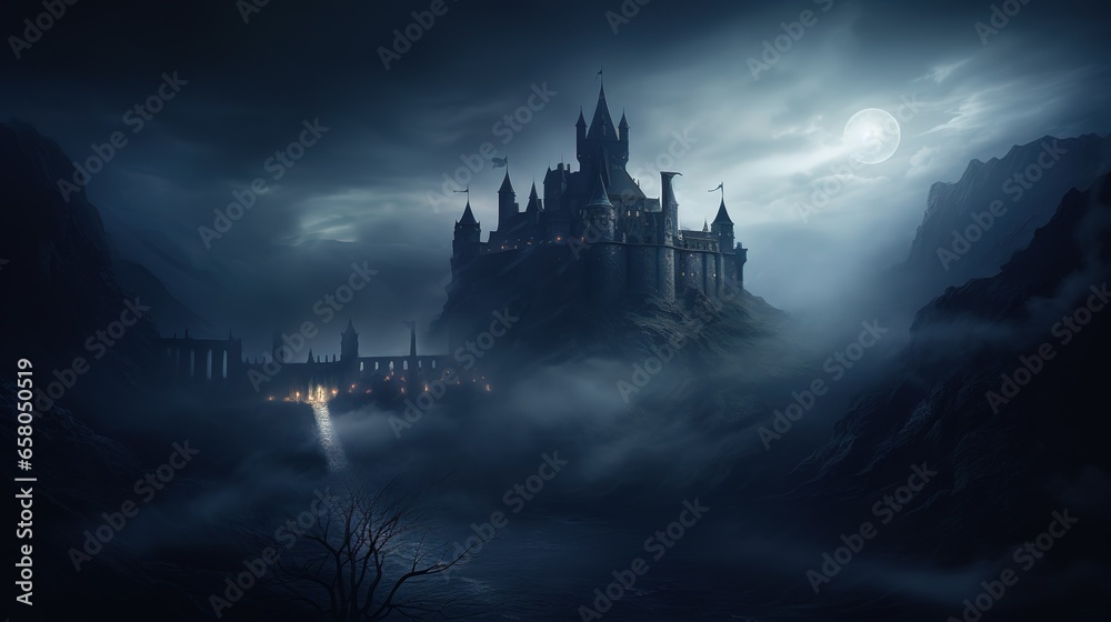 A Haunting Castle Shrouded In Dense Eerie Fog Surround