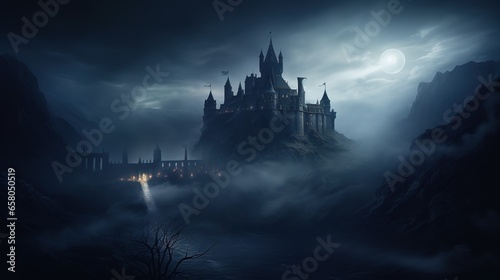 A Haunting Castle Shrouded In Dense Eerie Fog Surround