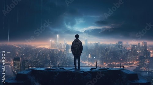 Man on a hill in front of the city