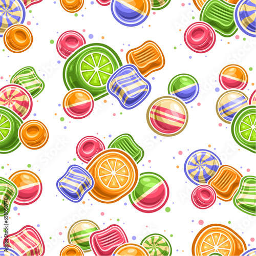 Vector Candy Seamless Pattern, repeating background with illustrations of different colorful fruit candies and bubble gums for child bed linen or wrapping paper, poster with flying flat lay candy mix