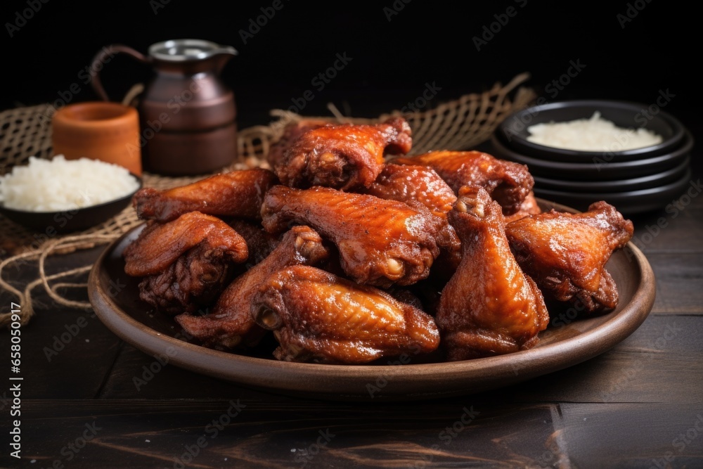 fried chicken wings dipped in barbecue sauce on a ceramic plate fried chicken wings dipped in barbecue sauce on a ceramic plate