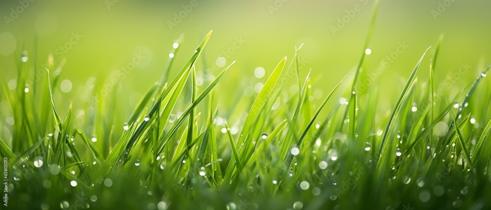 Morning Dew on Vibrant Green Grass: A Close-Up Capture of Nature's Beauty