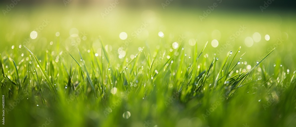 Morning Dew on Vibrant Green Grass: A Close-Up Capture of Nature's Beauty