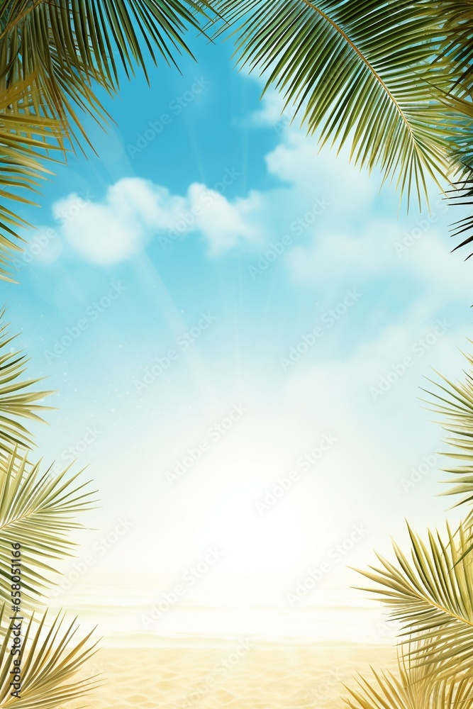 Golden Tropical Beach: Summer Paradise with Palm Leaves and Sun Rays