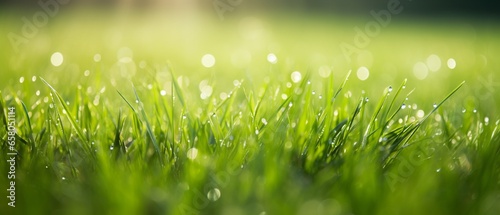 Morning Dew on Vibrant Green Grass: A Close-Up Capture of Nature's Beauty