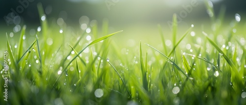 Morning Dew on Vibrant Green Grass: A Close-Up Capture of Nature's Beauty