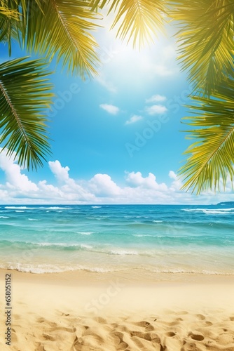 Golden Tropical Beach  Summer Paradise with Palm Leaves and Sun Rays