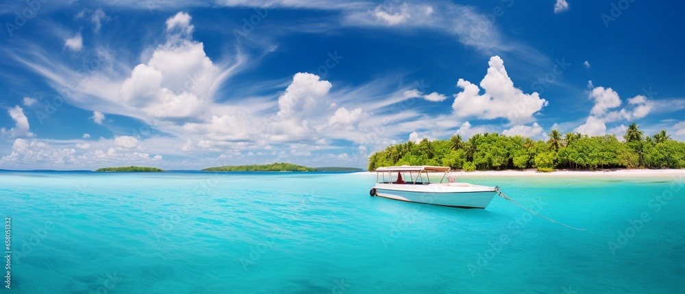 Turquoise Paradise: Boat on Crystal Waters with Tropical Island Backdrop