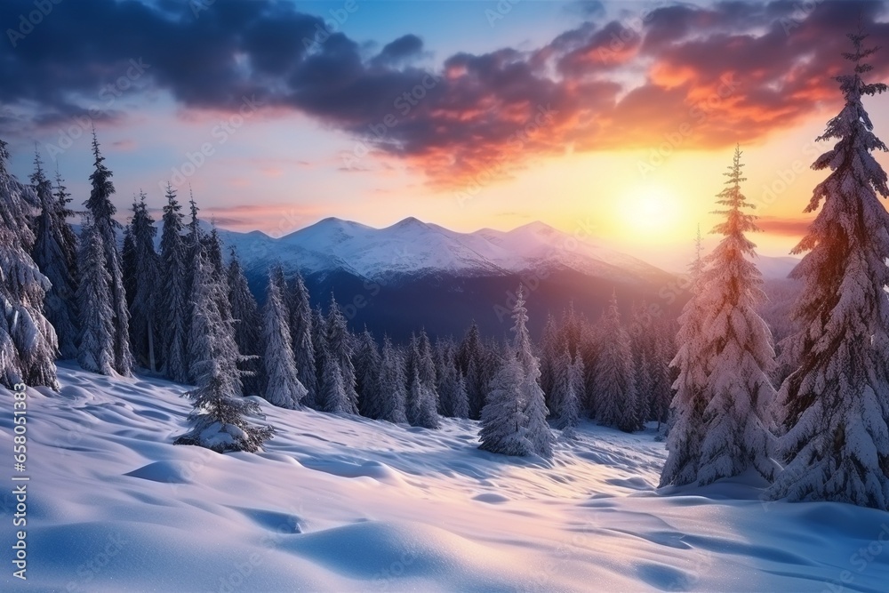 Enchanting Winter Sunset in Snowy Mountain Forest with Fir Trees