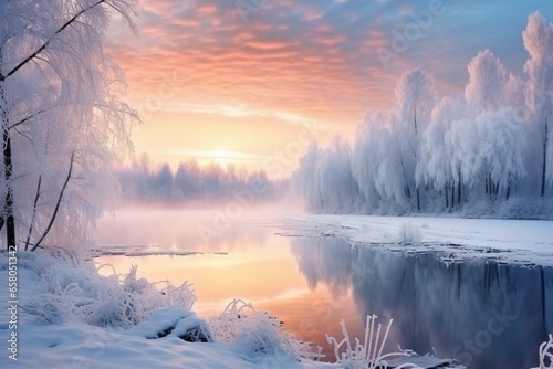 Scenic Winter Morning: Snow-Covered Trees Reflecting in the Lake © Maximilien