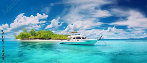 Turquoise Paradise: Boat on Crystal Waters with Tropical Island Backdrop