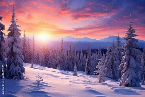 Enchanting Winter Sunset in Snowy Mountain Forest with Fir Trees © Maximilien